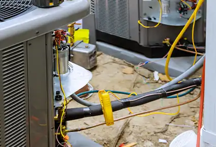 Open residential air-conditioning units and service tools during HVAC repair